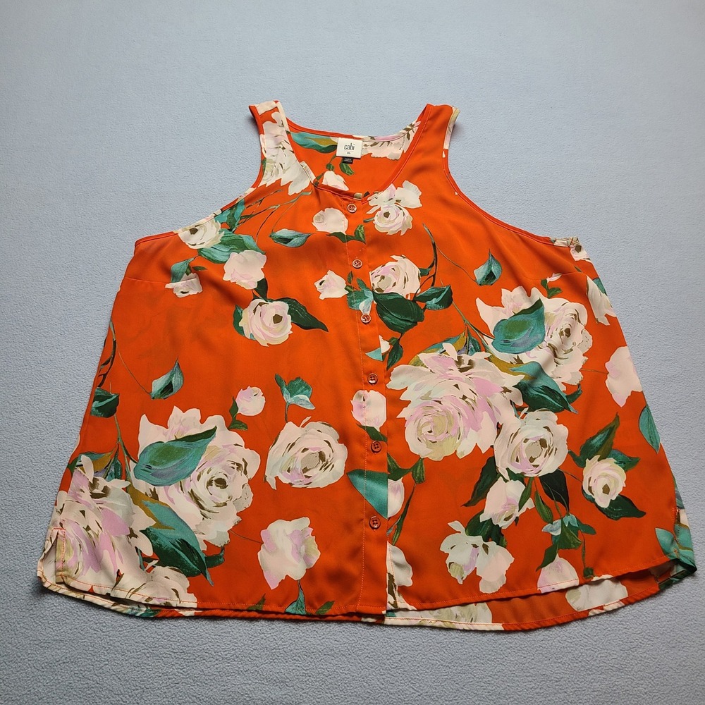 Cabi Floral Tank Top Women XL Orange Excellent Button Front Sleeveless